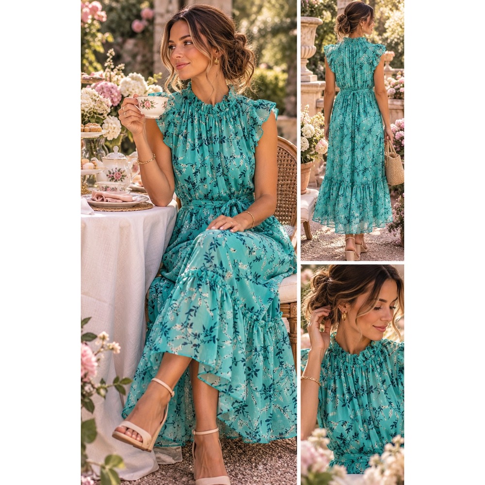 CeCe Turquoise Teal Floral Ruffle Neck Tiered Midi Dress Sz 2 Sleeveless Belted